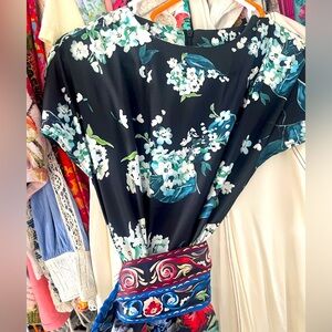 Asian inspired graphic Silk mixed print graphic Cocktail midi dress